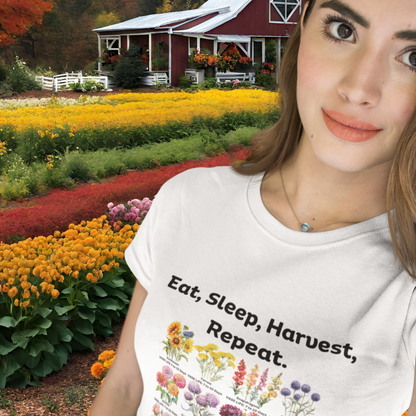 "Floral Whispers" Eat, Sleep, Harvest, Repeat - Women's fitted eco tee